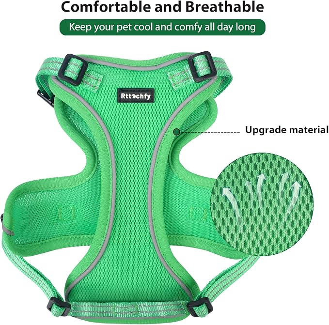 Rttochfy Cat Harness and Leash Set, Adjustable and Reflective Cat Vest, Escape Proof Kitten Harness, Easy to Put on with 3 Buckles for Cats Walking and Traveling (Green, S)