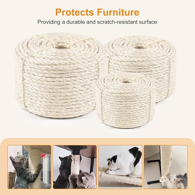 SIsal Rope for Cat Scratcher 1/4" 100 Foot White Natural Sisal Rope for Repairing Cat Scratching Post