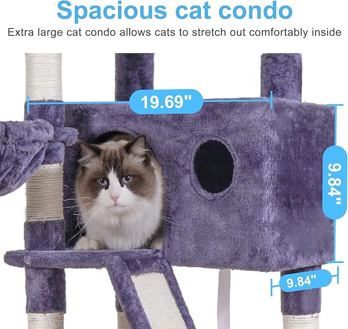 Hey-brother Cat Tree, 61 inch Cat Tower for Indoor Cats, Cat House with Padded Platform Bed, Toy Balls, Large Cozy Condo, Hammocks and Sisal Scratching Posts, Smoky Gray MPJ019G