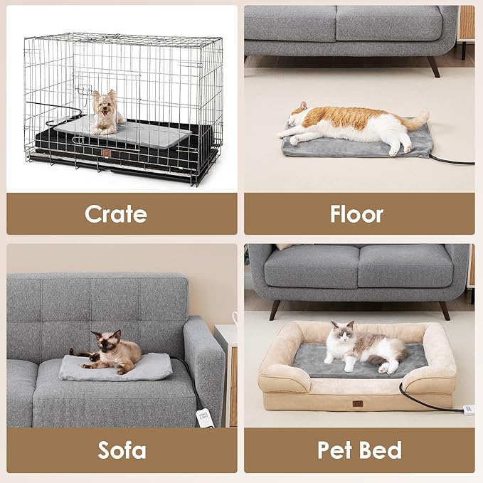 EHEYCIGA Heated Cat Bed Indoor, 6 Adjustable Temperature Dog Cat Heating Pad with Timer, Pet Heating Pad for Cats with Chew Resistant Cord, Waterproof Cat Heating Pad for Winter, 28"x16", Grey