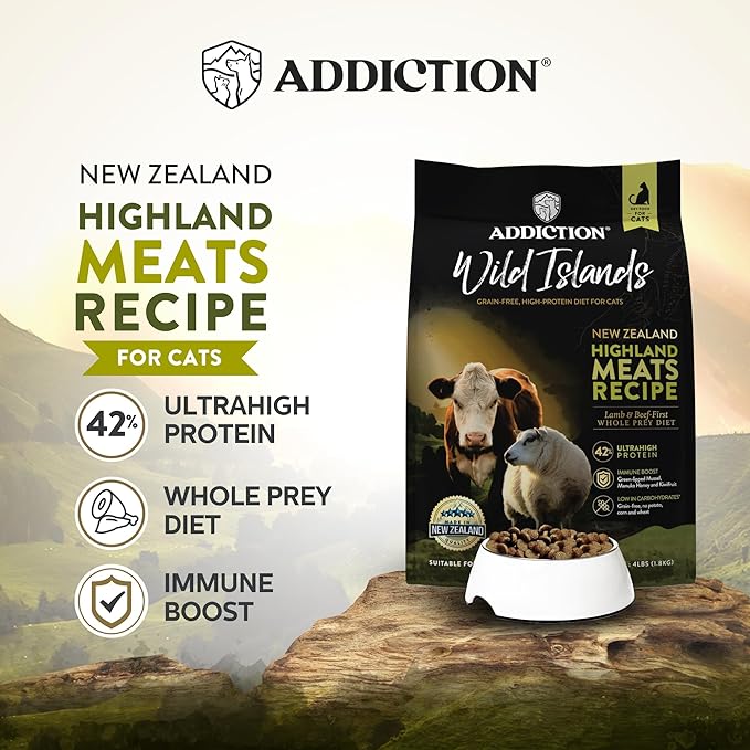 Addiction Wild Islands Highland Meats – Premium Grass-Fed Lamb & Beef Recipe – High-Protein, Whole Prey, Grain-Free Dry Cat Food for All Life Stages – 4lbs
