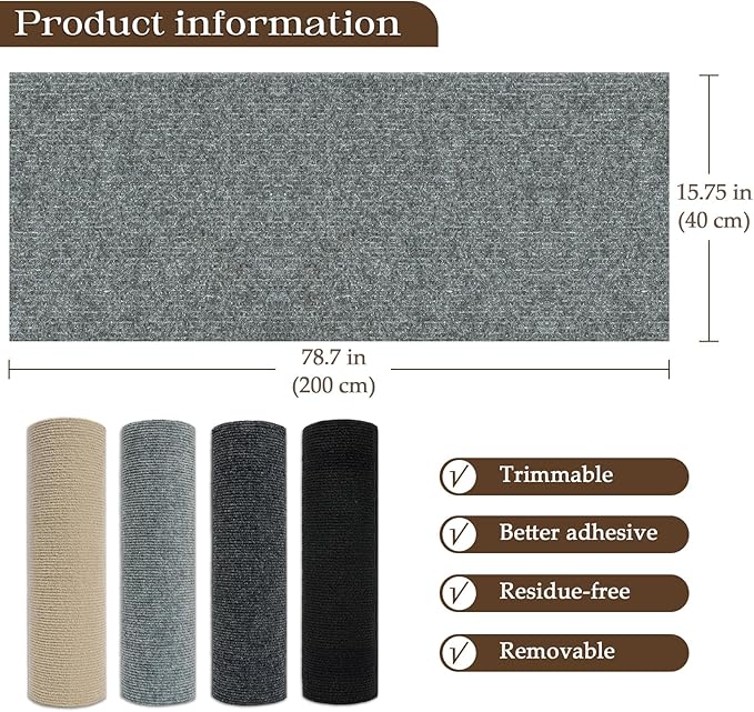 Cat Scratching Mat, 78.7"x15.7" Cat Carpet Self-Adhesive Carpet Mat Trimmable Replacement for Cat Tree, Cat Wall Scratcher, Cat Scratching Post, Shelf Shelves Couch Furniture DIY Protector, Light Grey