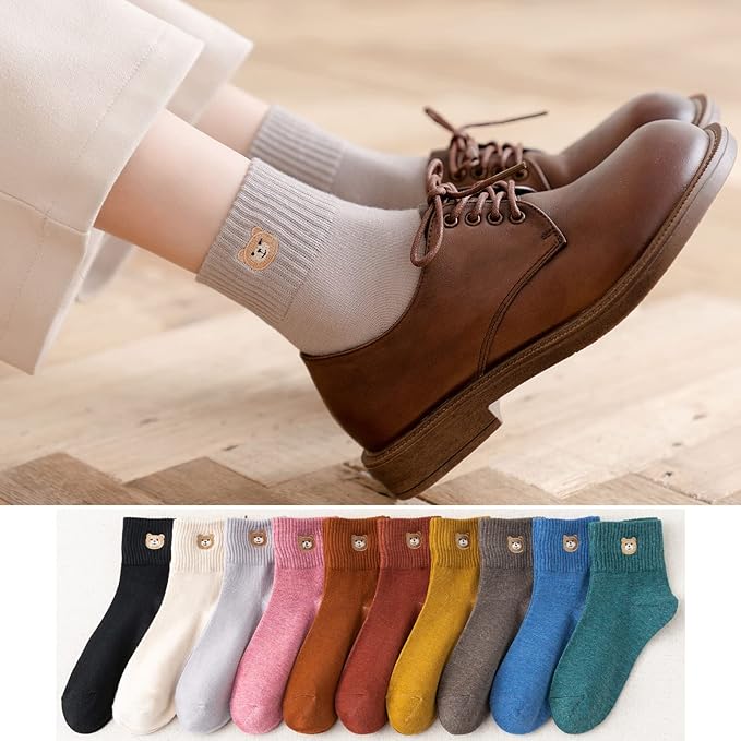 5 Pairs Women's Cute Bear Ankle Socks With Animal Embroidery - Gifts for Women