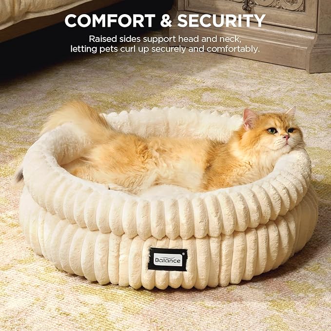 BALANCE Cat Bed Kitten Bed, Washable Round Cat Beds for Indoor Cats,Super Soft Plush Faux Fur Pet Bed for Puppy and Kitten with Anti-Slip Bottom