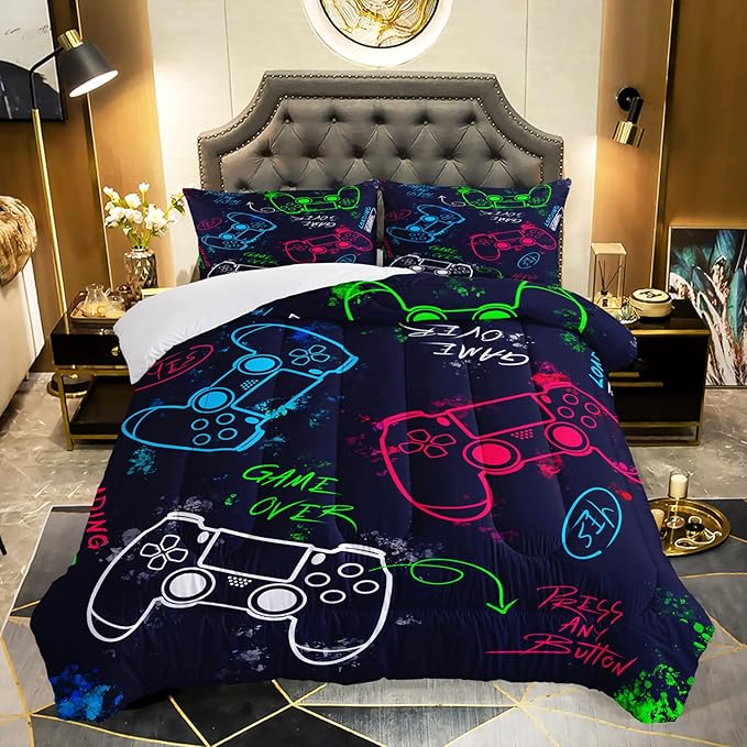 AILONEN Gamer Comforter Sets for Teen Boys, Gaming Bedding Sets Full Set,Video Game Bedspread,Game Duvet,Gamepad Bed Set,Controller Quilt Set,3 Piece 1 Comforter and 2 Pillowcases, Gamepad65