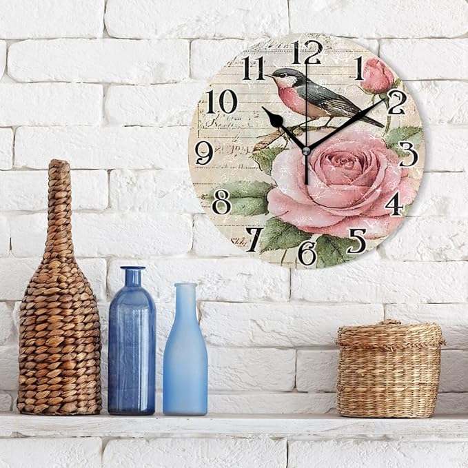 ALAZA Hummingbird Wall Clock Love Birds Clock Roses Flowers Battery Operated KitchenClock 9.5 Inch Bathroom Clock Non Ticking Round Bedroom Living Room Decor