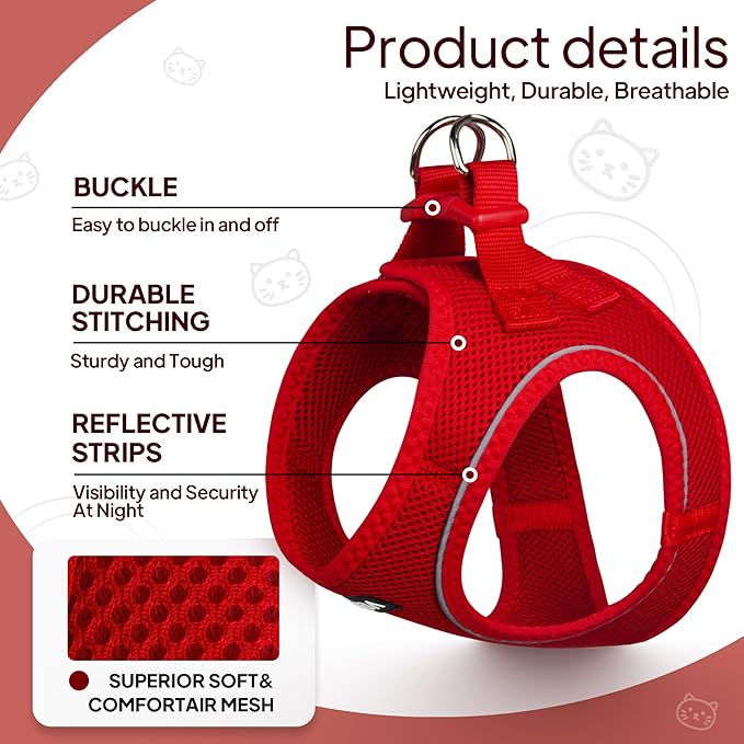 TwoEar Cat Harness Escape Proof, Soft Dog Vest Harness Adjustable, Breathable Mesh Step-in Puppy Walking Jacket Reflective Easy Control for Extral Small Pets for Outdoor Walking(XXXS, Red)