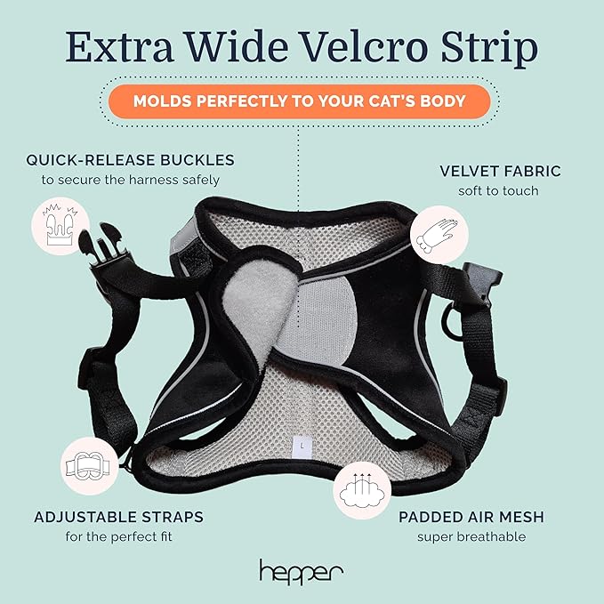 Hepper Cat Harness and Leash Escape Proof Set - Black Tactical Cat Harness with Reflective Safety Strips - Kitten or Cat Vest/Cat Jacket/Cat Walker (XL)