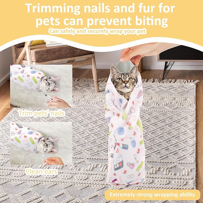 3PCS Cat Grooming Wrap, Self Adherent Cloth Cat Wrap for Cutting Nails, Cat Swaddle Wrap for Cleaning Ear Brushing Teeth, Multifunctional Cat Restraints Bag for Holding Cat to Non-Bite/Scratch/Runaway