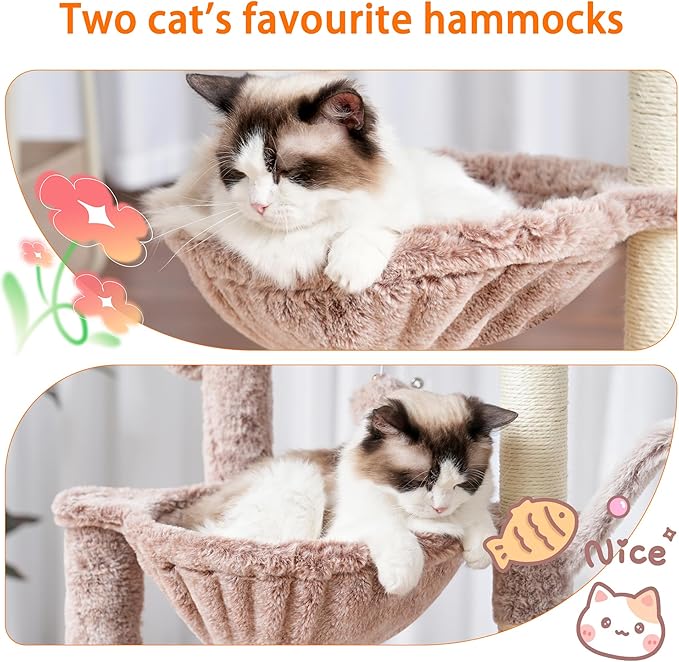 Heybly Cat Tree, 39.4 Inches Tower Condo with Scratching Post, Cat Tower for Indoor Cats, Fully Wrapped Sisal Pole, Soft Platform, 2 Baskets and Dangling Toy, Muchroom HCT006SMU