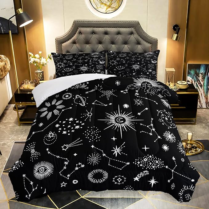 AILONEN Sun and Moon Comforter Set for Teens Boys Kids Girls, Galaxy Astrology Bedding Set Full Size,Bohemian Sun Moon Quilted Duvet,Galaxy Astrology Quilt,1 Comforter 2 Pillowcases 3 Piece