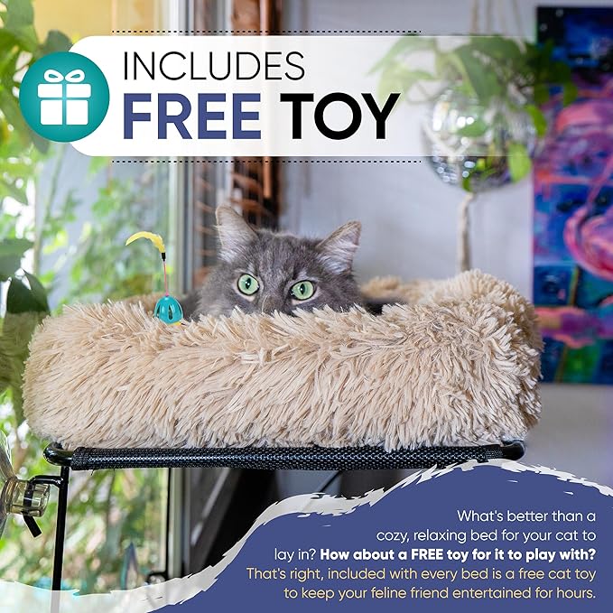 HIPCAT Cat Window Perch with Free Cat Toy - Cat Bed - Comfy Cat Hammock - Cat Shelf - Extra Strong Suction with Cordless Sturdy Metal Frame - Holds Medium & Large Cats - (Beige)