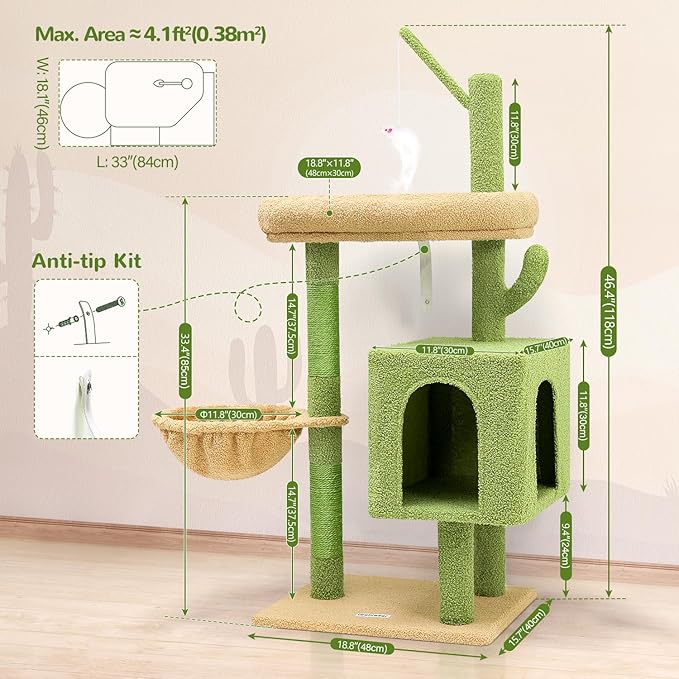 F46C Versatile Play Cactus Cat Tree Tower | 46-Inch Sturdy Cat Condo with Scratching Posts, Hammock, Multiple Platforms & Anti-Tip Kit for Large Multi-Cats | Premium Quality Materials, Green