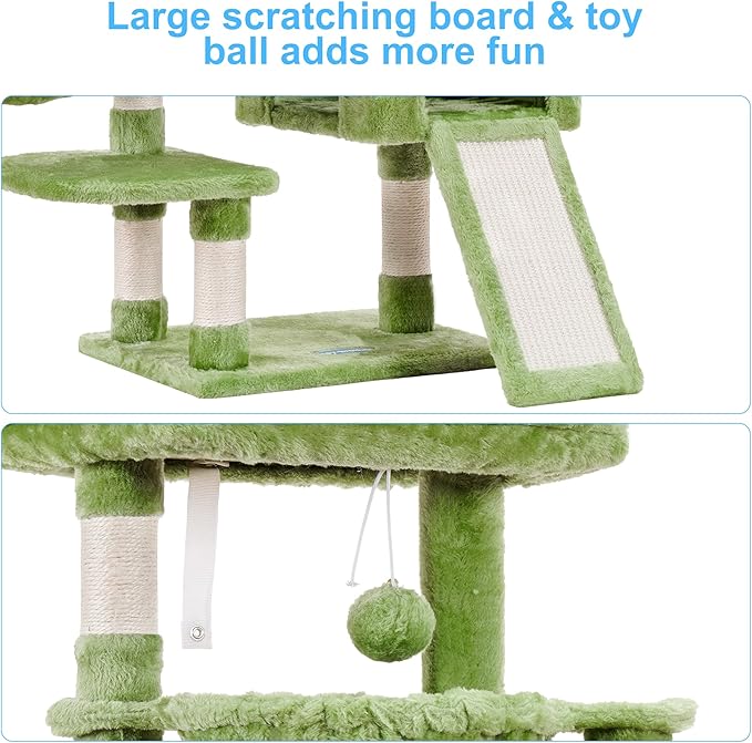 Hey-brother Cat Tree, Cat Tower for Indoor Cats, Cat House with Large Padded Bed, Cozy Condo, Hammocks, Sisal Scratching Posts, Big Scratcher, Green MPJ006SGR