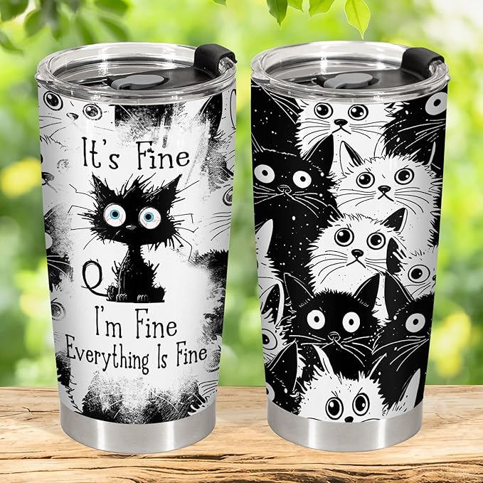 34HD Funny Black Cat Tumbler with Lid, 20oz Stainless Steel Vacuum Insulated Everything Is Fine Cup, Cat Lover Gifts for Women Birthday Mothers Day Halloween Christmas