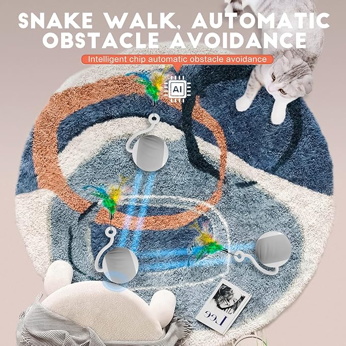 AMUSANG Smart Turbo Tail Cat Toy for Indoor Cats, Interactive Cat Toy Ball Speed Tail Cat Toys, with LED Lights and Feathers DIY 5 in 1 Automatic Cat Ball Toys Type-C Rechargeable (Grey)