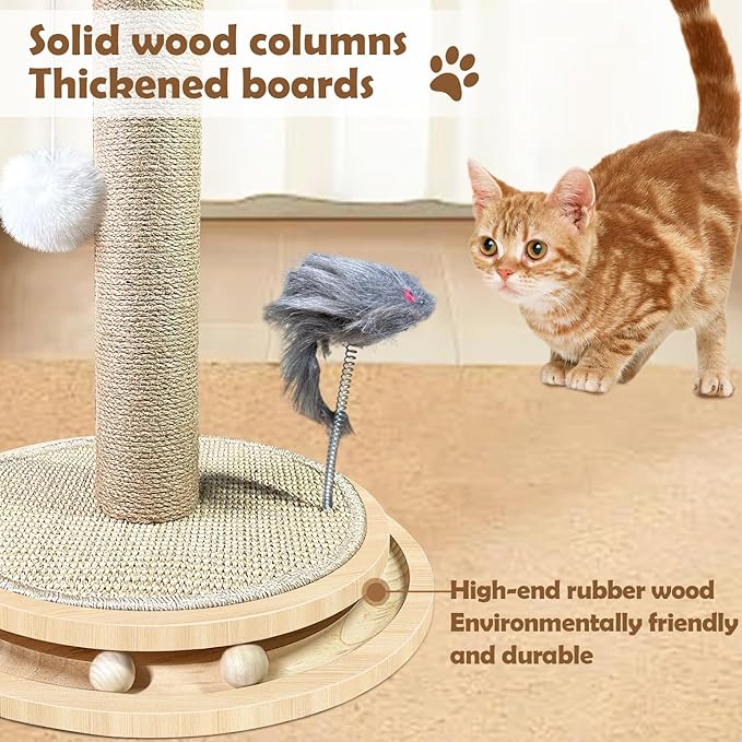 Cat Scratching Post Sisal Scratch Posts with Solid Wood Tracking Interactive Toys Vertical Scratcher,Spring Mouse and Scratch Board Interactive cat Toys for Indoor Cats and Kittens-