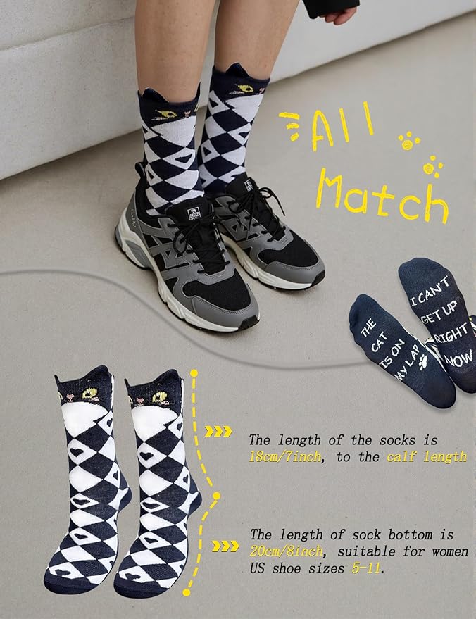 12 Pairs Cute Cat Crew Socks for Women Cat Socks Womens Crew Socks Novelty Gifts for Women Teenage Girls Men Girlfriend Animal Lovers