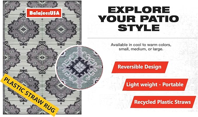 BalajeesUSA Recycled Outdoor Plastic Patio Rugs – 6x9, Grey, Green, Black, Premium and Affordable Multipurpose Woven Plastic Straw All-Weather and Waterproof, Reversible Camper Mats Outside