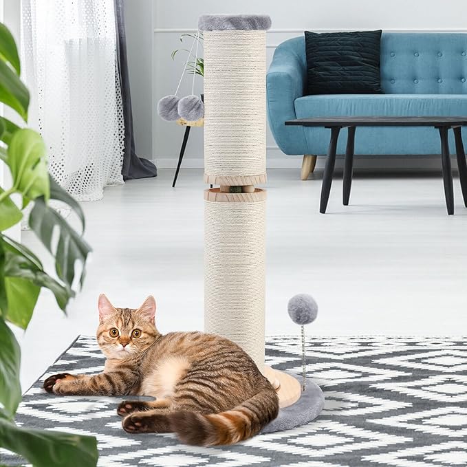 OTOB 33" Tall Cat Scratching Post, 4.3Inch Large Diameter Natural Sisal Rope Scratcher Post, 5-in-1 Interactive Turntable Cat Scratch Post with Soft Hanging Ball Toys for Indoor Large Cats