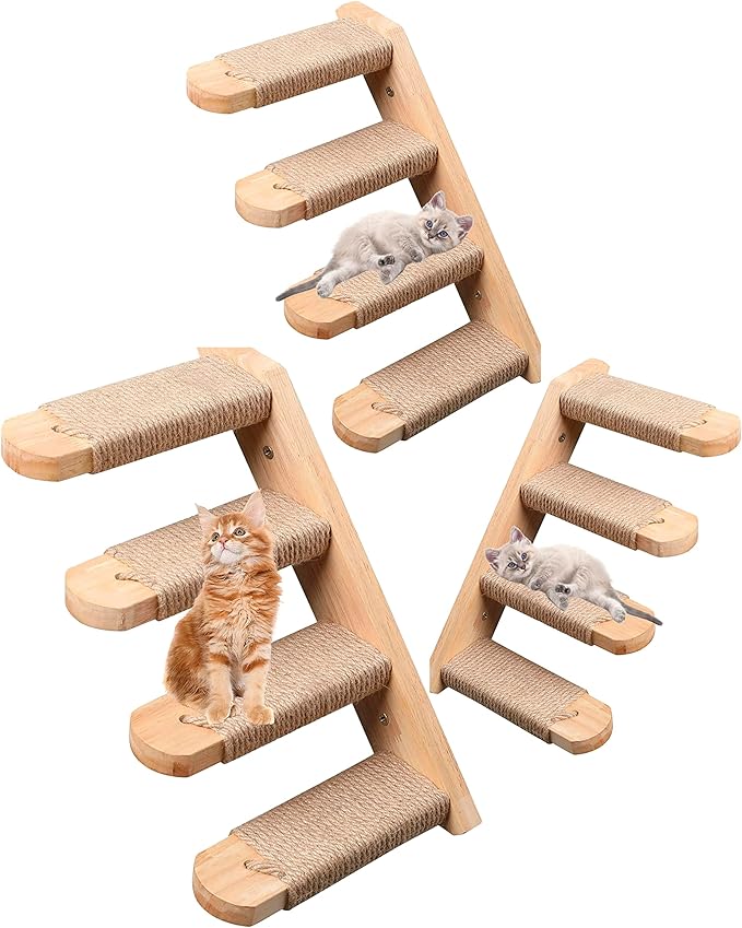 Skywin Cat Wall Steps, 3 Pack Wooden Color Solid Rubber Cat Stairs for Wall, Cat Wall Stairs Great for Scratching and Climbing, Easy to Install Cat Steps for Wall, Wall Mounted Cat Shelf for Wall