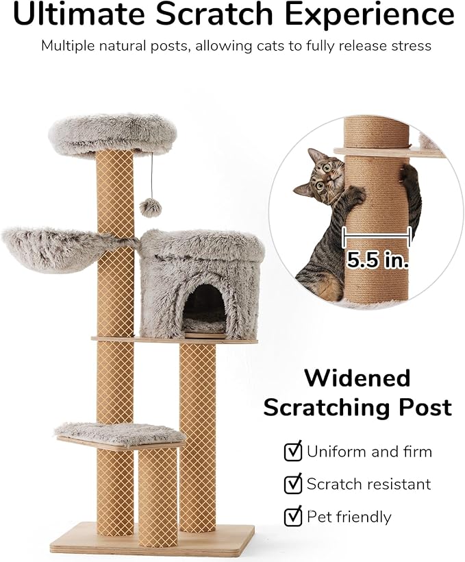 FUKUMARU Cat Tree, 61 Inch 5 in 1 Cat Tower for Indoor Cats, Plush Multi-Level Cat Condo with 6 Scratching Posts, Detachable and Washable Cushions, Activity House with Perch and Hammock for Most Cats