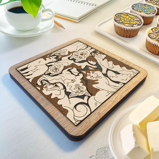 02 Siberian Husky Dog Coaster - Husky Dog Puzzle Wooden Coaster Set - Interlocking Jigsaw Drink Mats with Laser-Cut Design for Husky Lovers