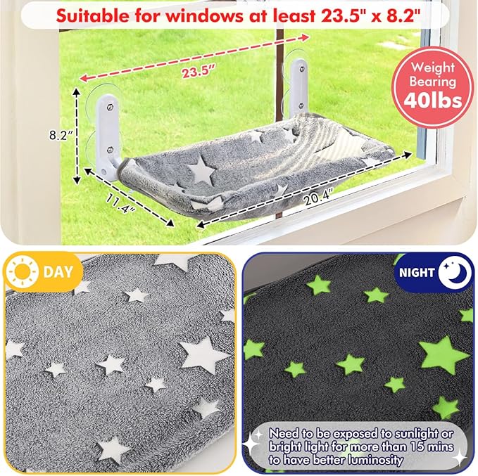 2PC Cat Window Perch, Glow in The Dark Cordless Foldable Cat Hammock Bed for Window with Sturdy Metal Frame, Stars Pattern Window Resting Seat for Indoor Cats (Stars Cat Bed, M-2PC)