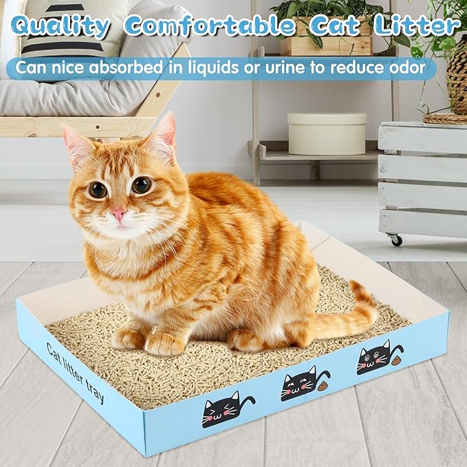 30 Pack Disposable Cat Litter Box Foldable Paper Kitty Tray 13.8x10x2 in Small Lightweight Cardboard Box Water Proof for Indoor Low Entry Easy Disposal Non Clumping Nice Absorption Portable (Blue)