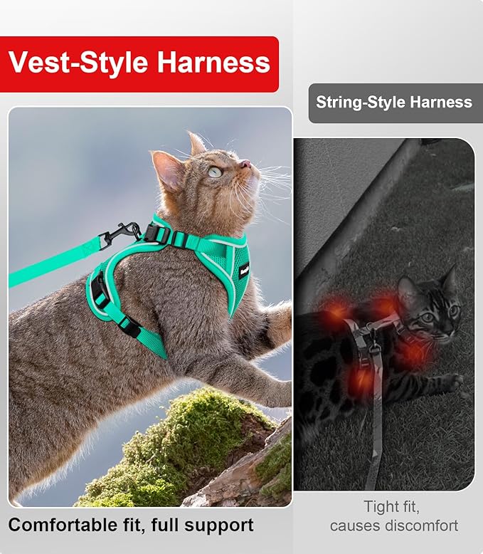 Cat Harness and Leash for Walking Escape Proof Soft Adjustable Cat Leash Breathable Comfortable Vest Easy to Wear Kitten Harness for Outdoor Travel Emerald S