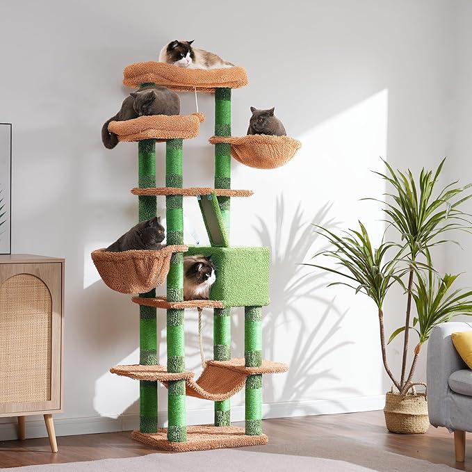 Heybly Cat Tree, 68 inch Multi-Level Cat Tower for Indoor Cats, 2 Widened Plush Perches Cat Condo with Scratching Board and Big Caves, HCT025CA