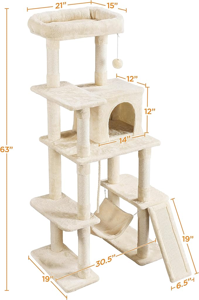 Yaheetech Cat Tree, 63 Inches Multi-Level Indoor Cat Play Structure with Scratching Posts, Hammock, and Dangling Ball