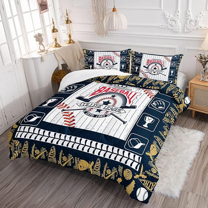 Baseball League Kids Comforter Bedding Set for Boys Girls,Cartoon Baseball Glove Baseball Cap and Suture Comforter with 2 Pillowcases(Baseball League Full)