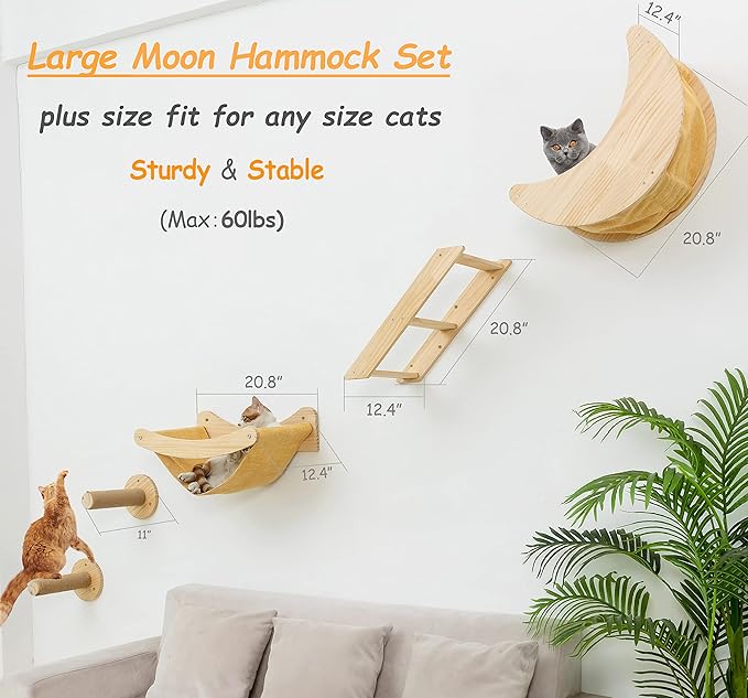 Cat Shelves and Perches Wall Mounted Cat Hammock for Lagre Cats Beds & Furniture Wood Moon Cat Shelf with Climbing Steps(Plus Size)