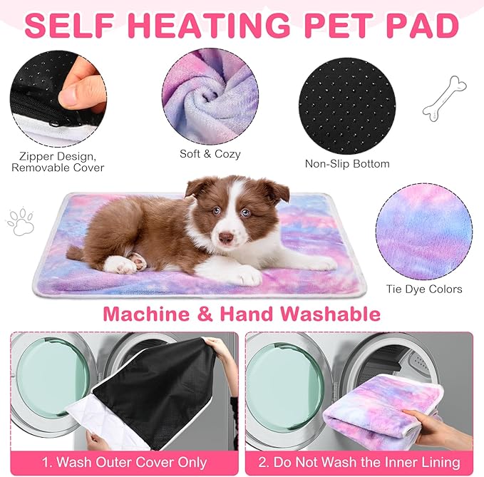 4 Pack Self Heating Cat Bed Cat Self Warming Pad with Removable Cover Extra Warm Thermal Pet Pad Washable Pet Crate Mat Anti Slip Kennel Pad for Indoor Outdoor Pets (Tie Dye,20 x 28 Inches)