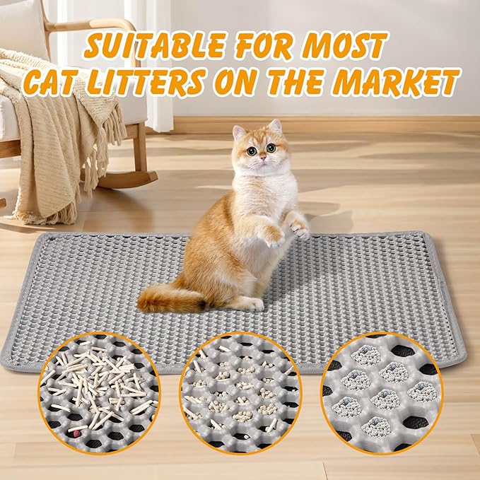 30x24 Inch Cat Litter Mat Double Layer Non-Slip Odor-Free Litter Box Mat,Waterproof and Urine Proof Litter Mat,Scatter Control, Less Waste,Easier to Clean(Gray)