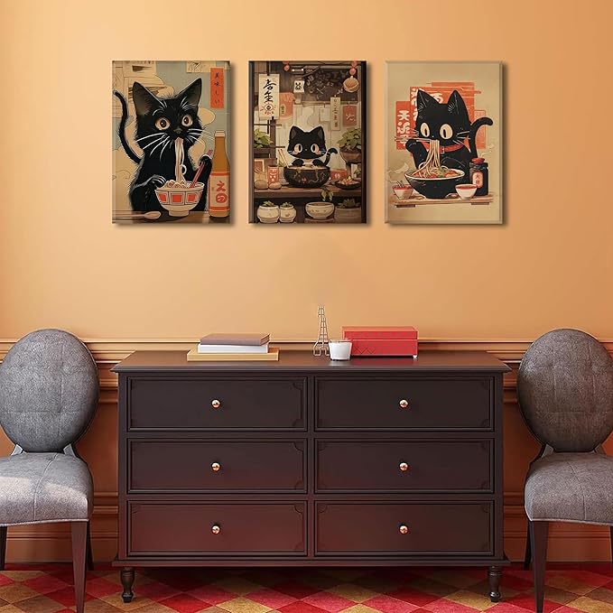 3Pcs Framed Japanese Funny Black Cat Canvas Wall Art Vintage Cat Eating Ramen Posters Prints Edo Period Ramen Cat Pictures Unique Kitchen Painting Dining Wall Decor Animal Lover Gift 12x16in