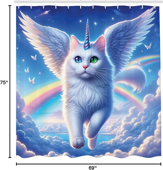 Ambesonne Cat Shower Curtain, Pegasus Like White Kitty with a Unicorn Horn Flying Over Clouds Rainbows Sky, Cloth Fabric Bathroom Decor Set with Hooks, 69" W x 75" L, Azure Blue Pale Pink