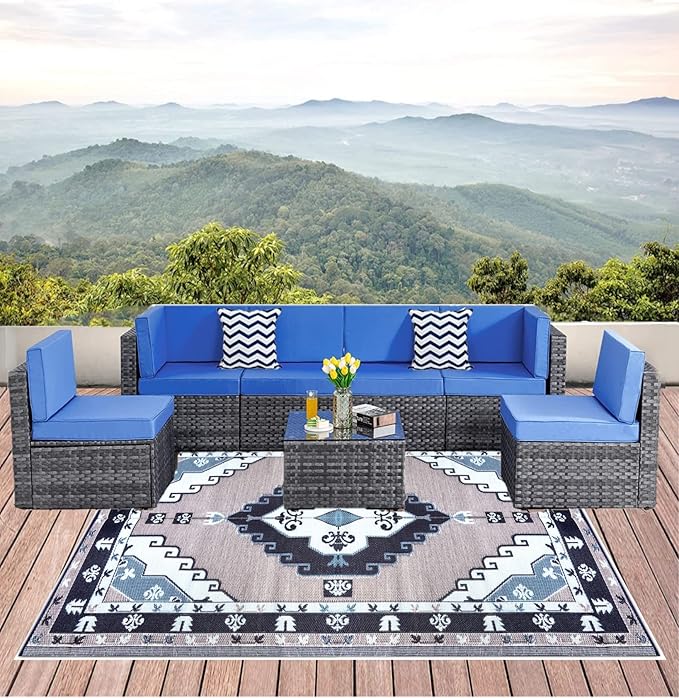 BalajeesUSA Outdoor Rug - 6x9 feet, Blue, Grey, Reversible, Portable, Duarable, Waterproof, Plastic straw patio rugs, Large RV camper mat 140