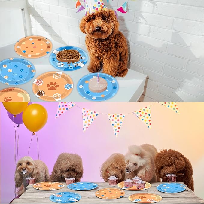 48Pcs 7" Blue Dog Birthday Party Paper Plates Puppy Party Supplies Blue Paw Dessert Tableware Set Paw Shaped Disposable Dinnerware Plates for Kids Girls Cartoon Birthday Decorations Party Favors