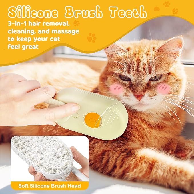 3-in-1 Brush for Pet Grooming - Steam-Powered Deshedding Comb for Removing Loose and Tangled Hair from Dogs and Cats (White)