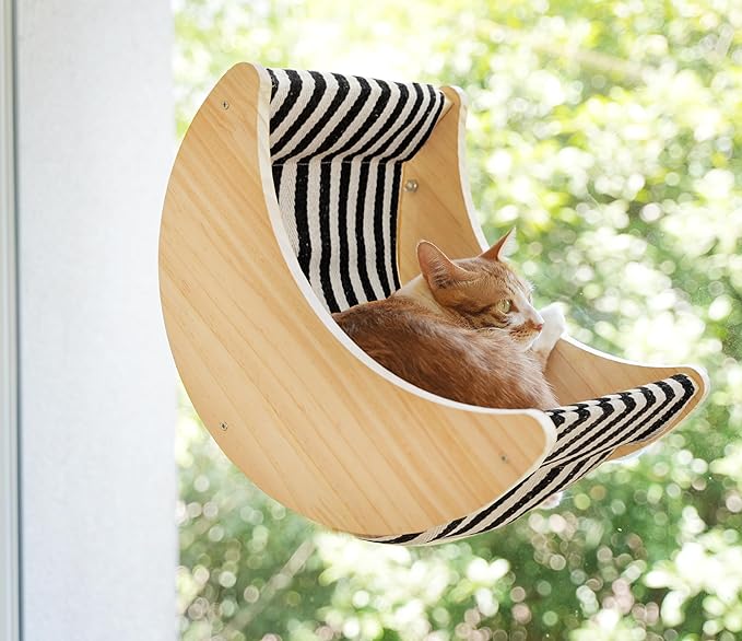 Window Cat Beds for Indoor Cats Perches Moon Shelves Mounted with Strong Suction Cups Cat Window Seat for Sleep and Watch Birds(Stripe)