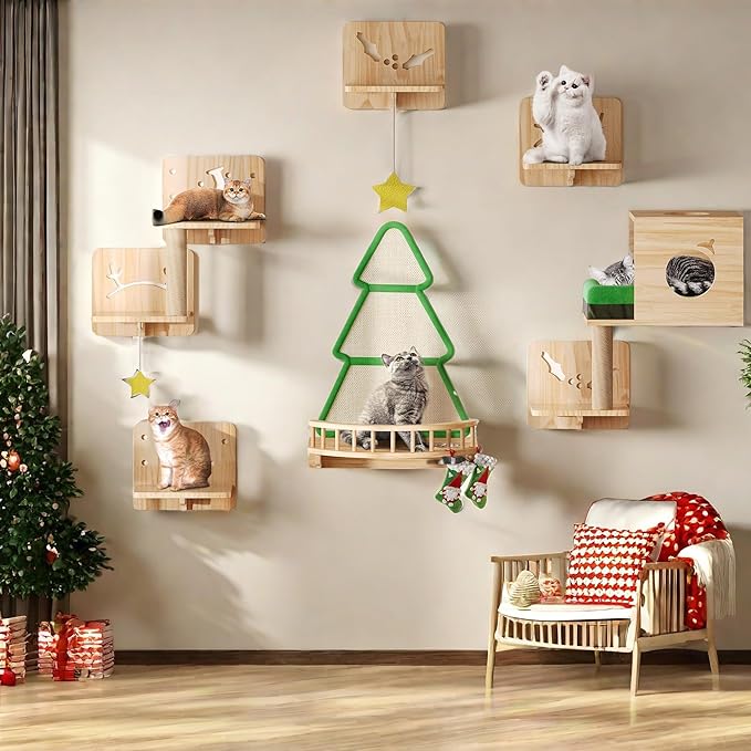YITAHOME Christmas Solid Wood Cat Wall Shelves and Perches for Wall, Pine Wall Mounted Cat Tree 13 Piece Set, Cat Climbing Shelves with House, Mat, Christmas Tree Scratcher, Feeding Bowl for Cats