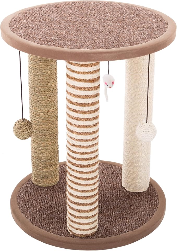 Cat Scratching Post - 3 Scratcher Posts with Carpeted Base Play Area and Perch - Furniture Scratching Deterrent for Indoor Cats by PETMAKER (Brown), Large