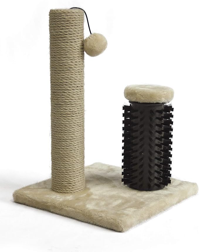 Amazon Basics Cat Scratching Post with Brush for Indoor Cats, 12.2 x 12.2 x 16.54 inch for Kittens, Beige
