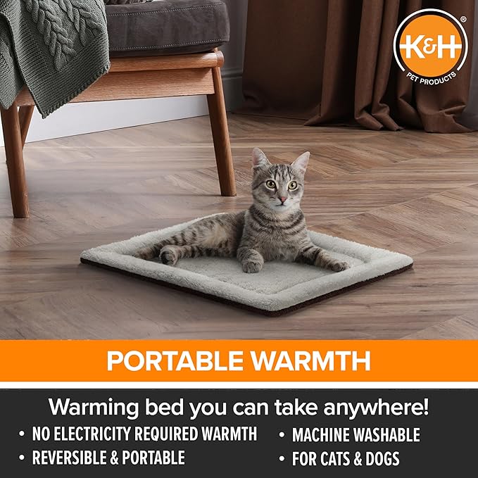K&H PET PRODUCTS Self-Warming Cat Bed Pad, Self-Heating Thermal Cat and Dog, Cat Warmer Mat for Feral and Indoor Cats, Oatmeal/Chocolate 21 X 17 Inches