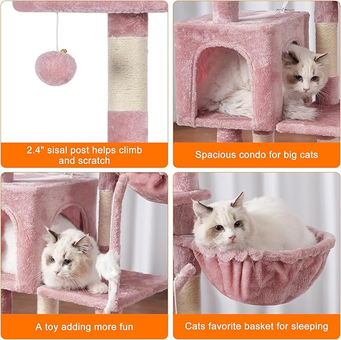 Heybly Cat Tree with Toy, Cat Tower condo for Indoor Cats, Cat House with Padded Plush Perch, Cozy Hammock and Sisal Scratching Posts, Skin Pink HCT004SP
