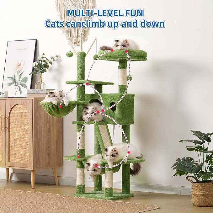 Hey-brother Cat Tree, 53 inch Cat Tower for Indoor Cats, Cat House with Padded Platform Bed, Toy Balls, Large Cozy Condo, Hammocks and Sisal Scratching Posts, Green MPJ019-SGR