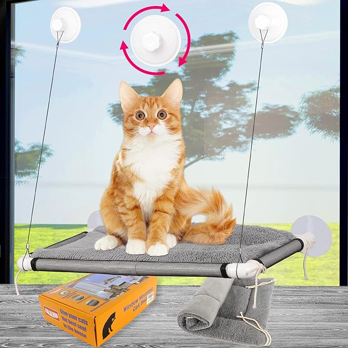 ZALALOVA Cat Window Perch, Cat Window Seat Large Sturdy Cat Bed Fleece Blanket 2024 Latest Screw Suction Cups Cat Resting with Blanket(Grey)