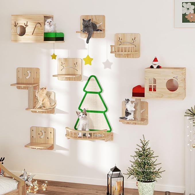 YITAHOME Christmas Solid Wood Cat Wall Shelves and Perches for Wall, Pine Wall Mounted Cat Tree 16 Piece Set, Cat Climbing Shelves with House, Mat, Christmas Tree Scratcher, Feeding Bowl for Cats